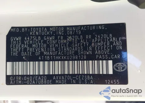 2019 Toyota Camry Se z USA, uszkodzony, nr VIN 4T1B11HKXKU298128